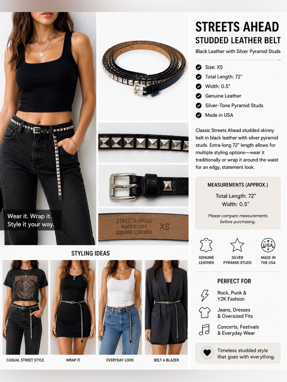 Streets Ahead Black Leather Studded Skinny Belt XS 72" Long Silver Pyramid